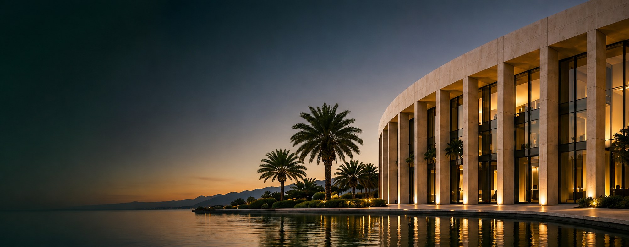 Al Athiya Holding headquarters at dusk, waterfront view